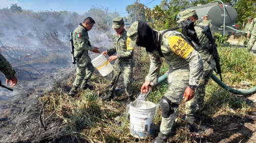 Personal del Ejército Mexicano apagando el incendio de un pastizal